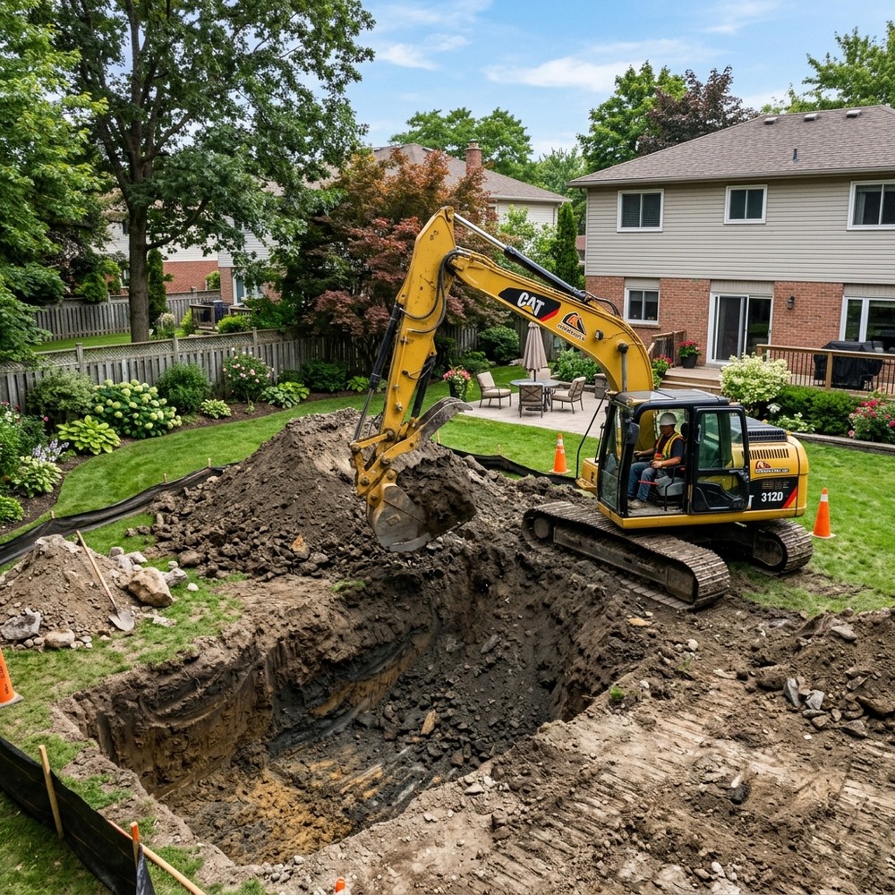 3.1 Beginn der Bauphase - Bagger hebt Loch aus